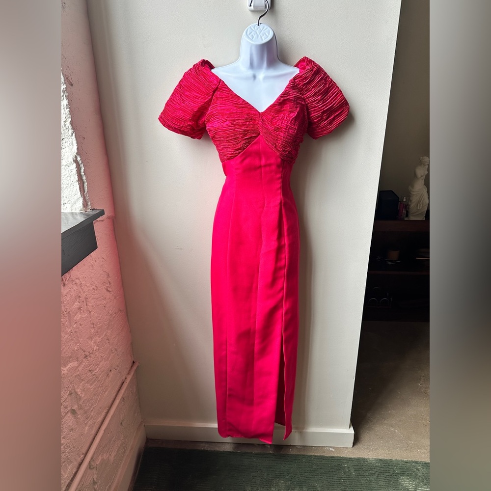 Vintage 1980s Fuschia Pink taffeta gown Off-Shoulder Evening Dress with Slit, 8